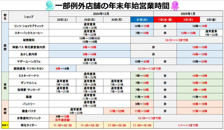 一部例外営業時間店舗の営業時間