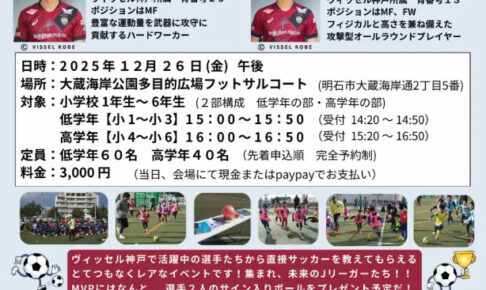 プロサッカー選手たちが教える「夢のサッカー教室」大蔵海岸公園で12/26開催