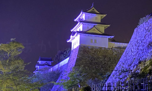 明石城がブルーにライトアップされています